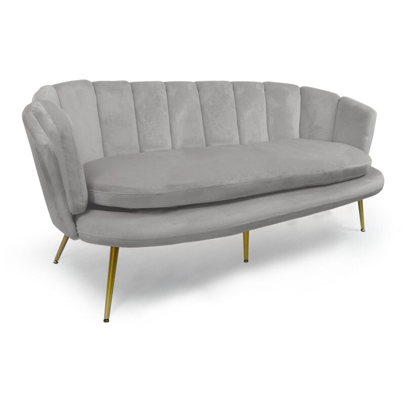 Cotecosy - Canapé 3 places arrondi Brenda Velours Argent pieds Or