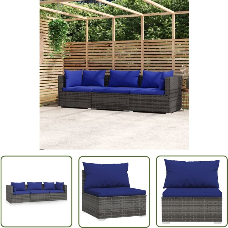 The Living Store Canapé 3 places avec coussins Gris Résine tressée - Canapé Extérieur - Salon De Jardin - Meuble De Jardin - Mobilier De Jardin - Set