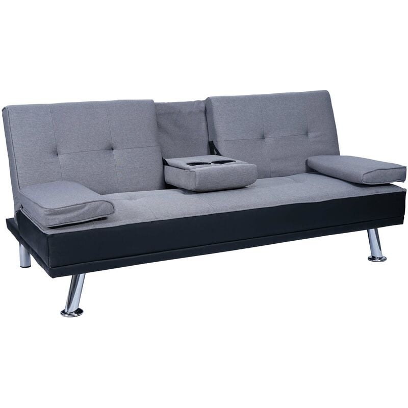 Décoshop26 - Canapé 3 places canapé-lit avec porte-gobelet réglable 97x166cm en synthétique et tissu noir-gris clair 040004878