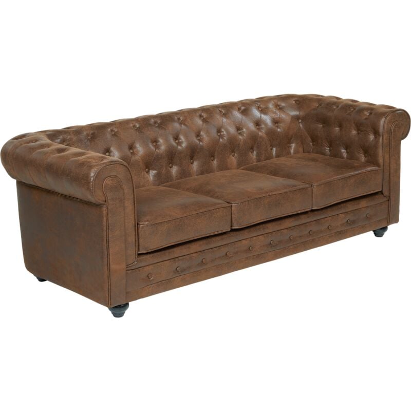 Canapé 3 places CHESTERFIELD en microfibre aspect cuir vieilli