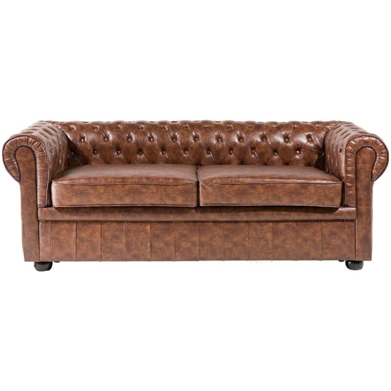 Beliani - Canapé 3 Places en Cuir pu Marron Doré Assise Rembourrée Large Dossier Chesterfield