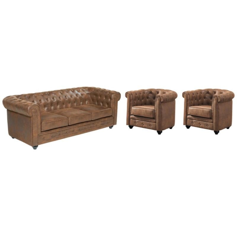 Vente-unique - Canapé 3 places et 2 fauteuils chesterfield en microfibre aspect cuir vieilli