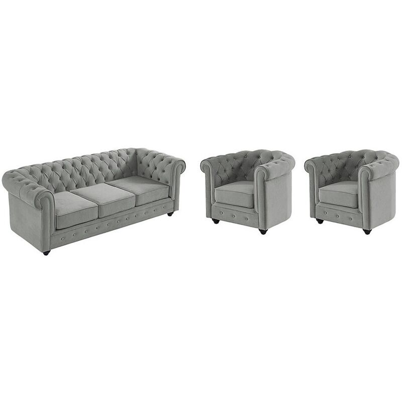 Vente-unique - Canapé 3 places et 2 fauteuils chesterfield - Velours gris clair