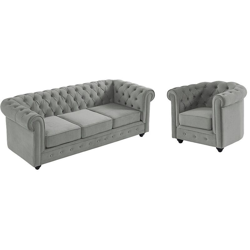 Vente-unique - Canapé 3 places et fauteuil chesterfield - Velours gris clair