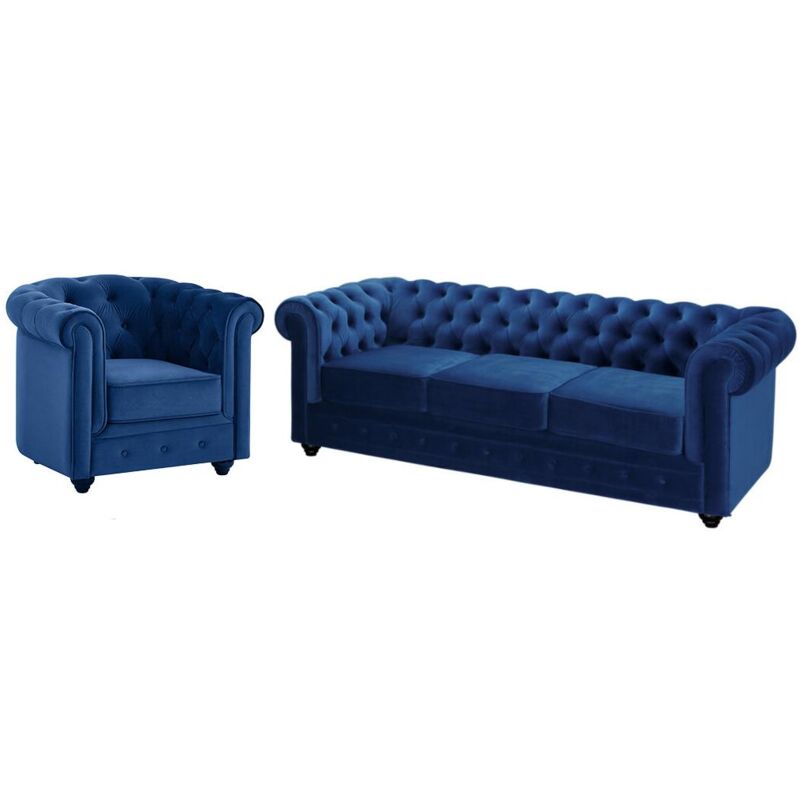 Vente-unique - Canapé 3 places et fauteuil chesterfield - Velours bleu roi