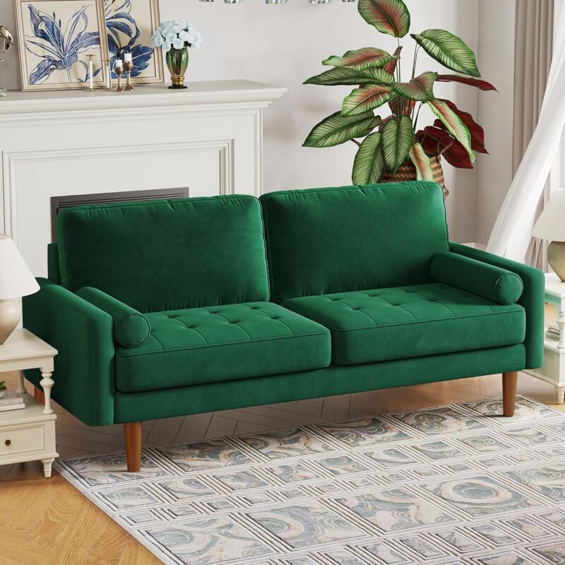 Keepbuying - Canapé Droit Salon 3 Places avec Accoudoirs en Velours Moderne,Canapé à Bras Roulés Loveseat,173L x 77l x 86H cm,Vert