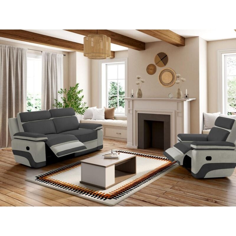 Vente-unique - Canapé 3 places et un fauteuil relax en microfibre anthracite et bandes gris clair talca