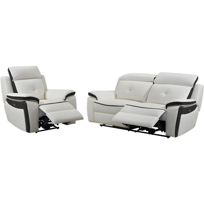 Vente-unique - Canapé 3 places et un fauteuil relax électrique en cuir angelique - Blanc/anthracite