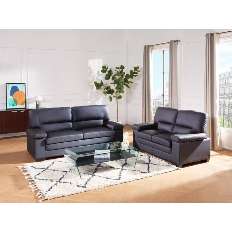 Vente-unique - Canapés 3 places et 2 places en cuir de buffle mimas - Noir