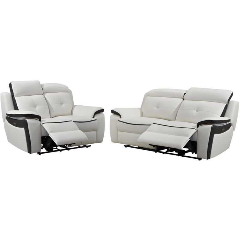 Vente-unique - Canapés 3 places et 2 places relax électrique en cuir angelique - Blanc/anthracite