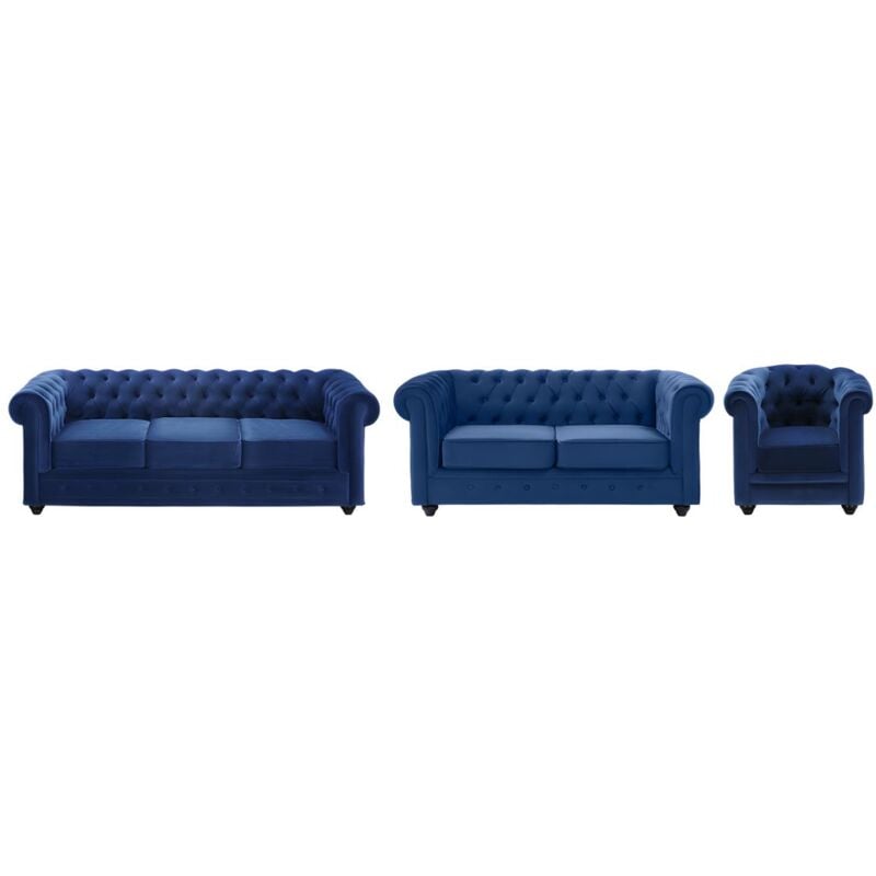 Canapés 3 places 2 places et un fauteuil CHESTERFIELD - Velours bleu roi