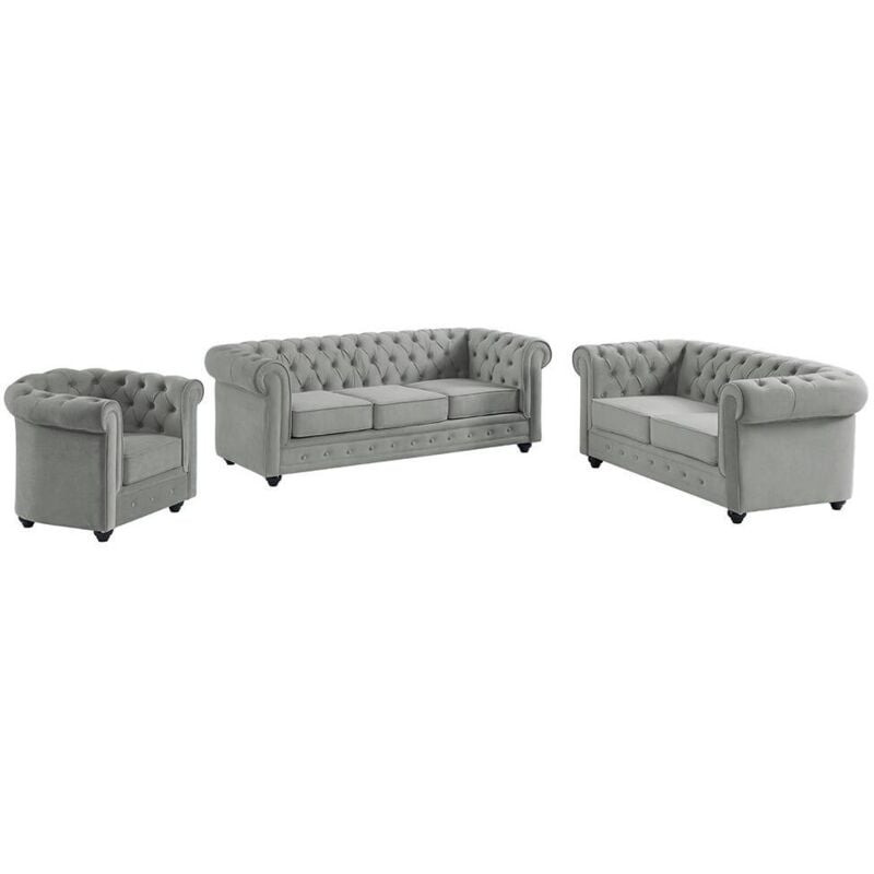 Vente-unique - Canapés 3 places 2 places et un fauteuil chesterfield - Velours gris clair