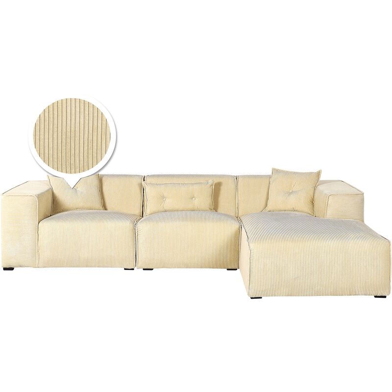 Canapé angle à gauche en velours côtelé beige sable 3 places DOLVA