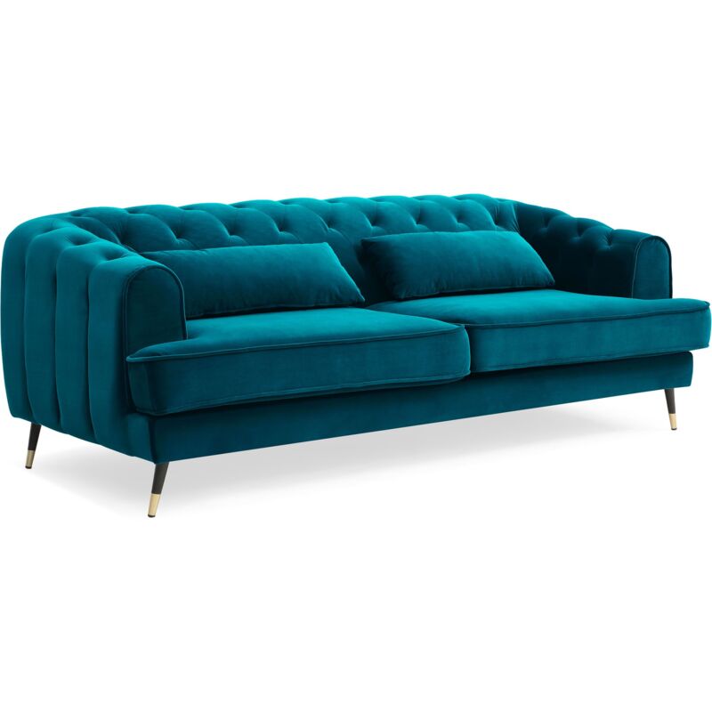 Canapé capitonné 3 places style boudoir Glams Velours Bleu canard