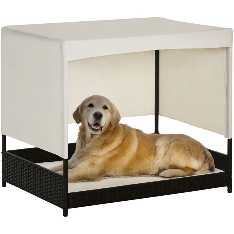 Canapé chien chat avec coussin déhoussable et auvent beige dim. 91L x 71l x 81H cm résine tressée aspect rotin brun foncé