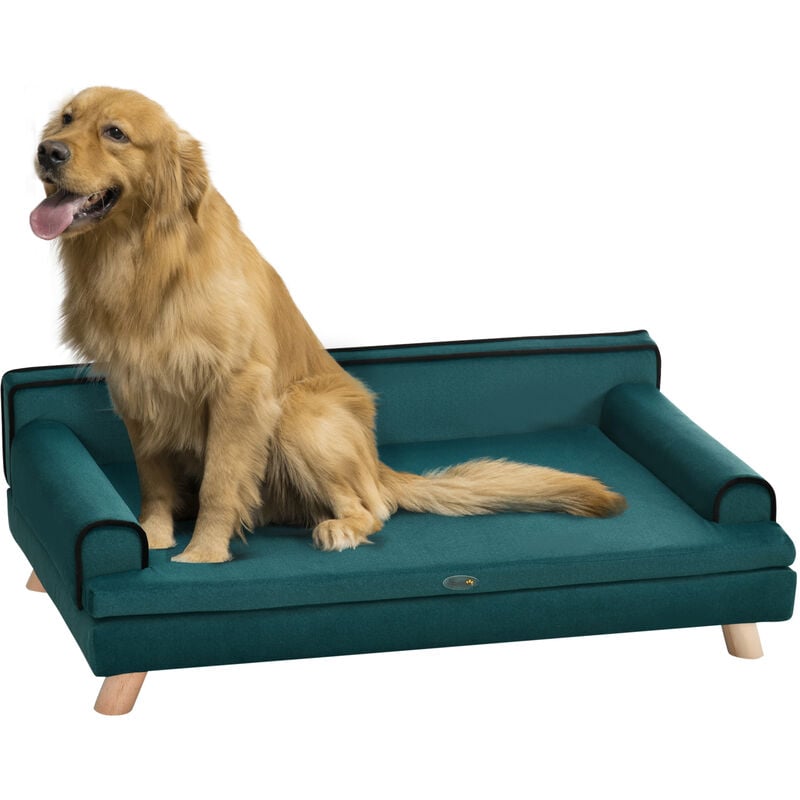 Pawhut - Canapé chien lit pour chien chat avec accoudoirs dossier coussin déhoussable pieds bois velours bleu canard