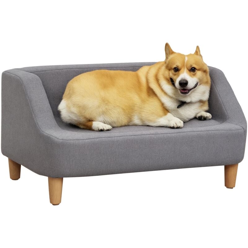 Canapé chien lit pour chien design scandinave déhoussable dim. 75L x 55l x 39H cm pieds bois tissu polyester gris