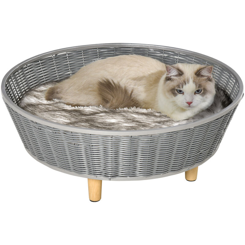 Canapé chien lit pour chien panier chat design scandinave avec coussin aspect fourrure dim. ø 60 x 23,5H cm pieds bois pin résine tressée gris