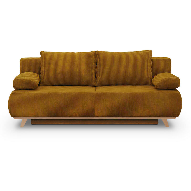 Homifab - Canapé convertible 3 places avec coffre de rangement en velours côtelé jaune moutarde - Laria