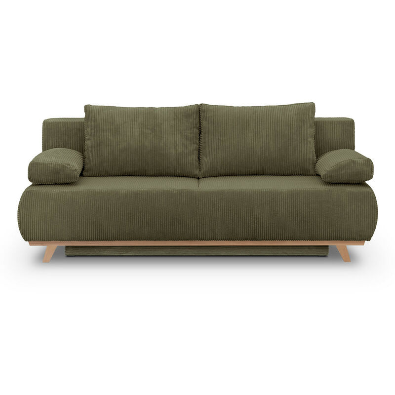 Homifab - Canapé convertible 3 places avec coffre de rangement en velours côtelé vert kaki - Laria