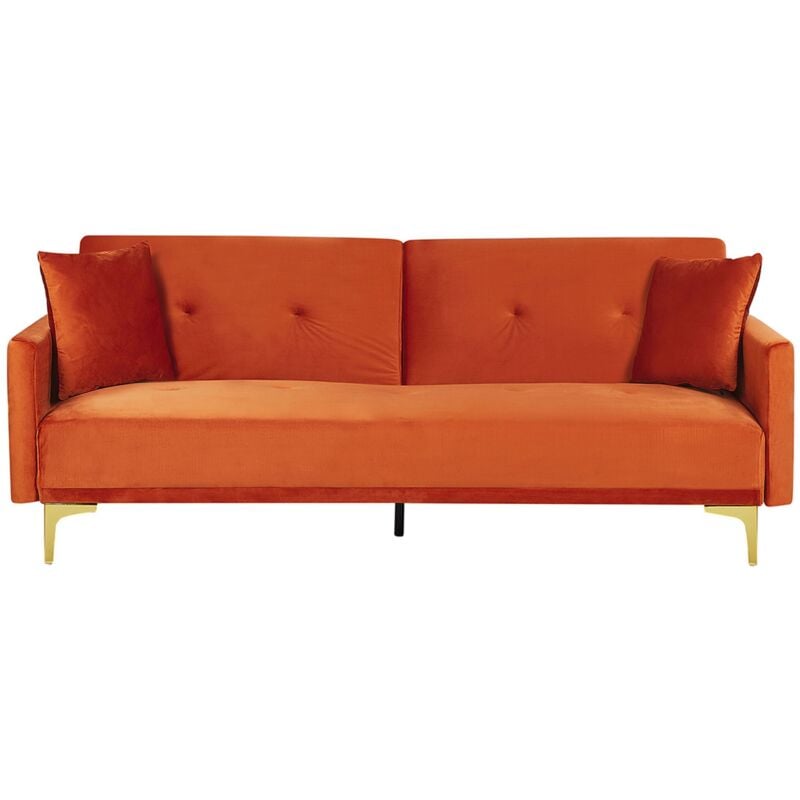 Beliani - Canapé Convertible en Velours Orange 3 Places Taies Déhoussables Rembourré Lucan