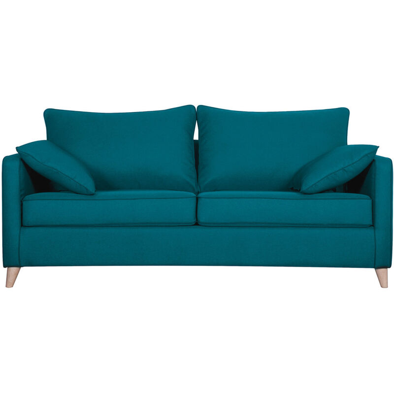 Canapé convertible scandinave 3 places en tissu bleu canard et bois clair avec matelas 10 cm PAPEL Canapé convertible scandinave 3 places en tissu bleu canard et bois clair avec matelas 10 cm PAPEL