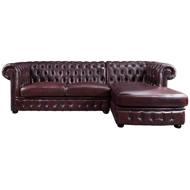 Vente-unique - Canapé d'angle chesterfield brenton 100% cuir de buffle - Bordeaux- Angle droit