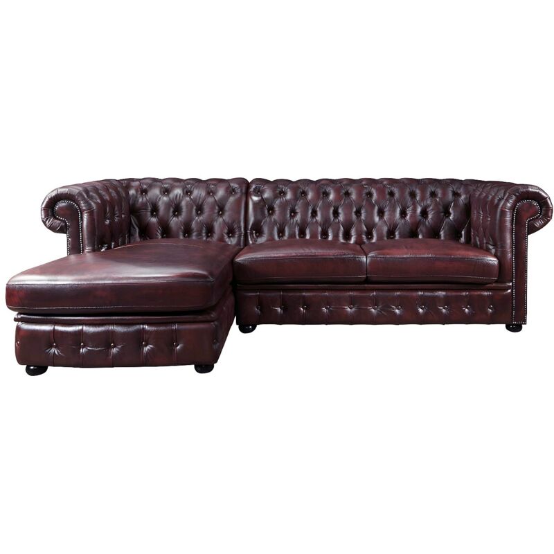 Canap&eacute; d'angle chesterfield BRENTON 100% cuir de buffle - Bordeaux- Angle gauche