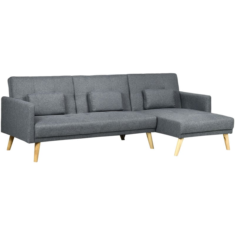 Canapé d'angle convertible 3 places design scandinave - réversible, effet capitonné, 3 coussins déco - piètement bois tissu aspect lin gris