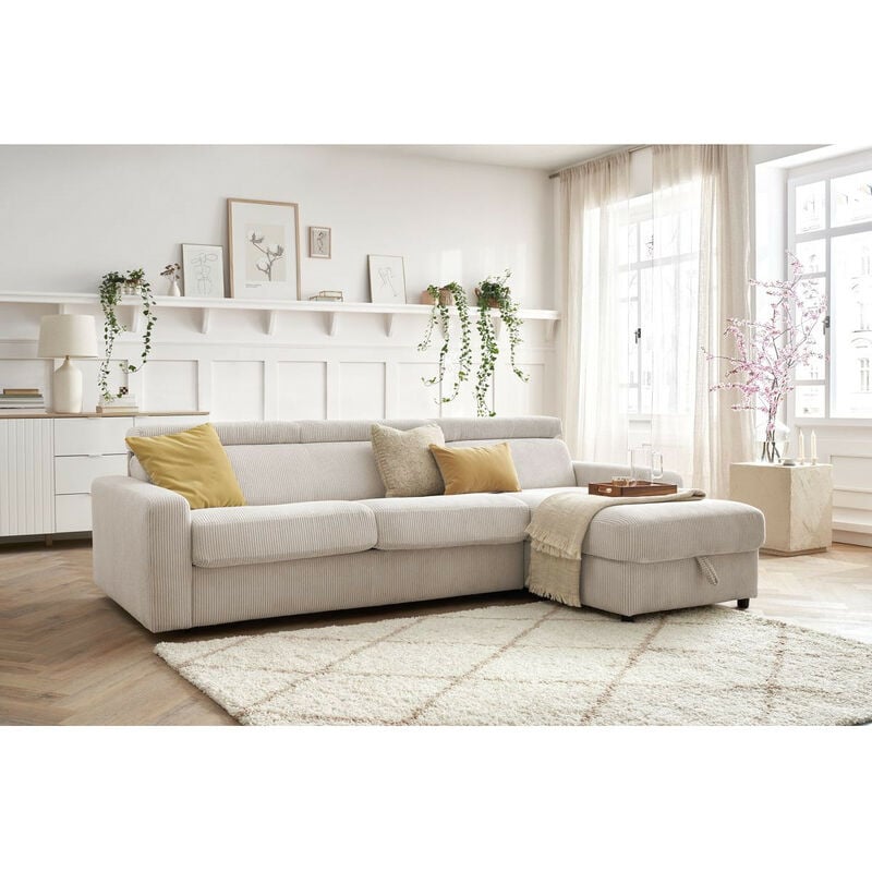 Bobochic - Canapé d'angle réversible convertible coffre monaco velours côtelé Réversible 140x190 Beige