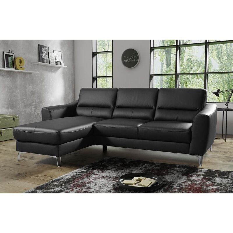 Venesetti - Canapé d'angle convertible en cuir italien de luxe 5 places santorin, avec coffre, noir, angle gauche - Noir