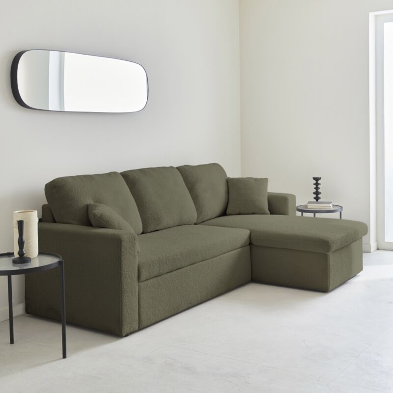 Canapé d'angle convertible en tissu bouclettes - IDA - 3 places. fauteuil d'angle réversible coffre rangement lit modulable Bouclette Kaki