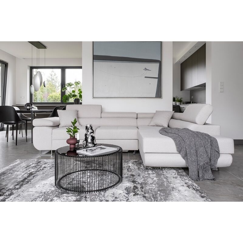 Venesetti - Canapé d'angle convertible en tissu luxe 5 places, annecy, couleur ivoire, angle droit (vu de face) - Ivoire