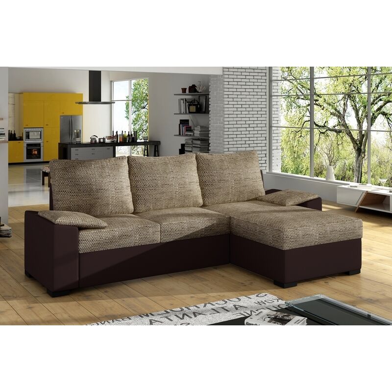 Canapé d'angle convertible - en tissu marron et simili chocolat, angle droit (vu de face) - LUCAS