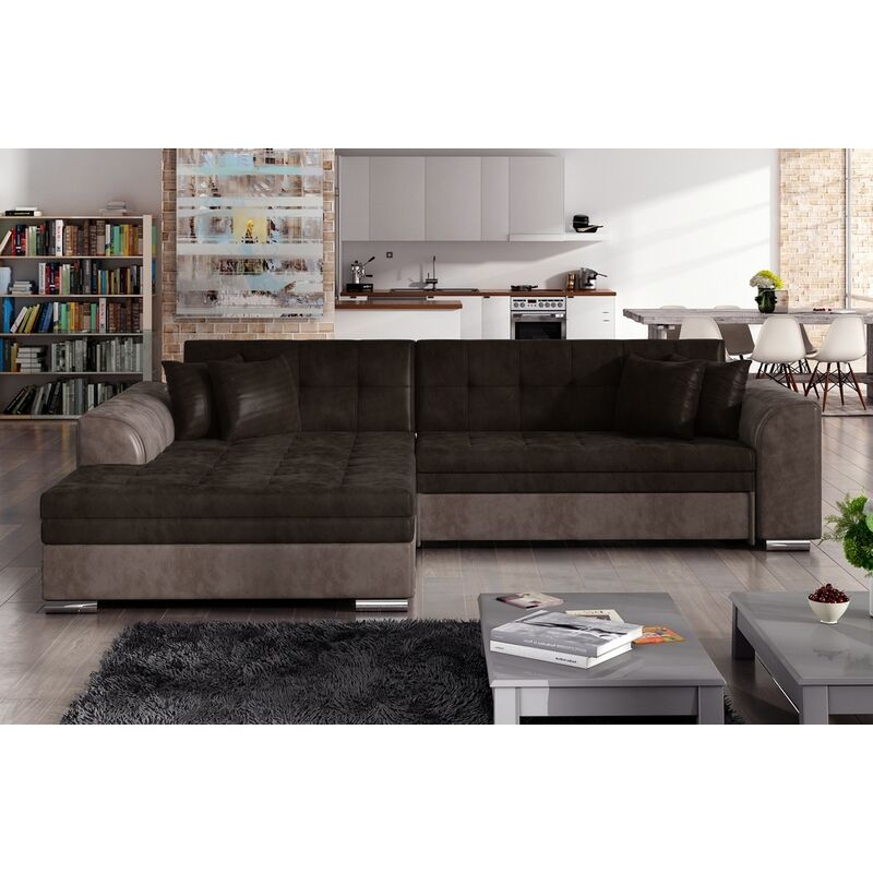 Canapé d'angle convertible en tissu velours Luxe, chocolat et marron, 5 places, angle gauche (vu de face), SOHO VELOURS