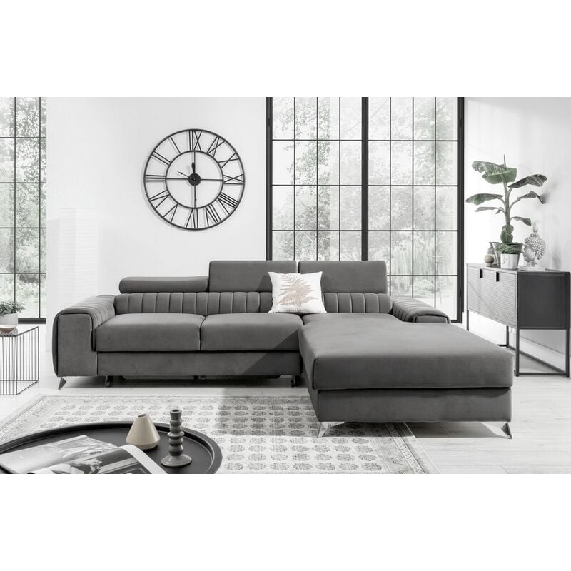 Venesetti - Canapé d'angle convertible en tissu velours Luxe gris, 5 places, angle droit (vu de face) - grece velours - Gris