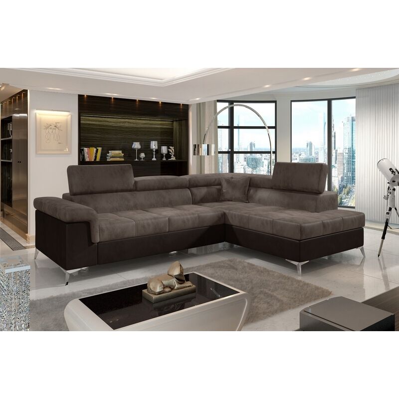 Canapé d'angle convertible - erika - en tissu luxe 5 places, marron et chocolat, angle droit (vu de face) - Marron / Chocolat