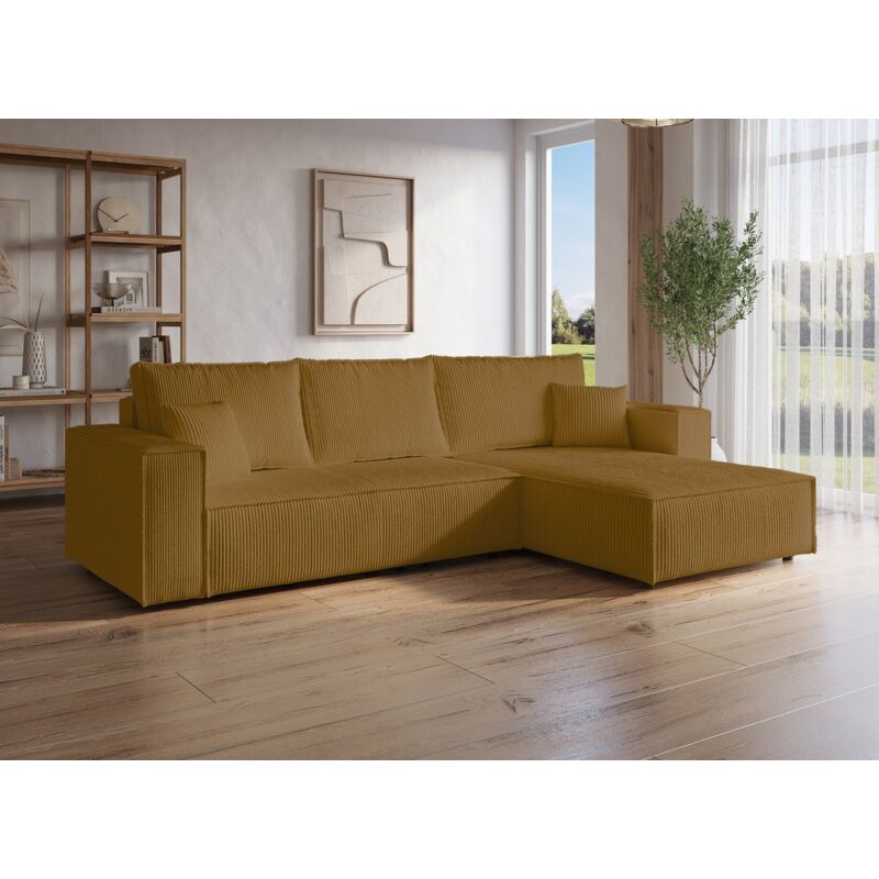 Deco In Paris - jade - Canapé d'angle convertible et réversible avec coffre en velours cotelé moutarde - jade