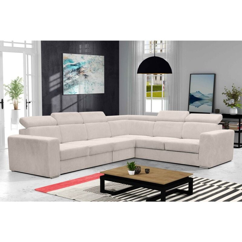 MERYL - Canapé d'angle convertible et réversible en velours côtelé beige MERYL XL