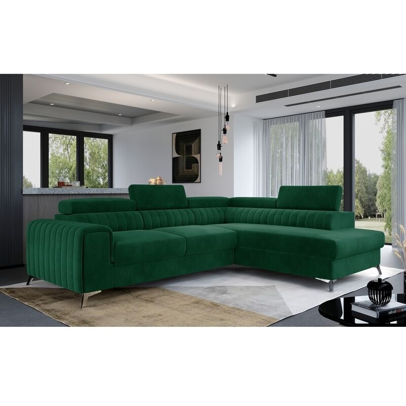 Venesetti - Canapé d'angle convertible - larry velours - en tissu Luxe vert, 5 places, angle droit (vu de face) - Vert