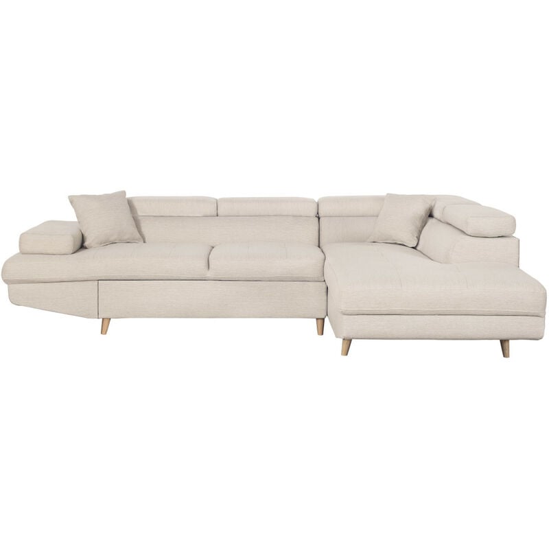 Loungitude - Canapé d'angle droit convertible rio Scandinave avec coffre en tissu - Beige, Pieds bois