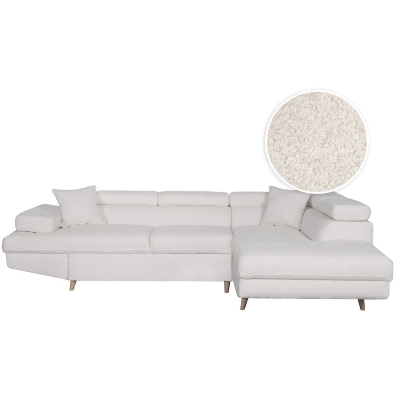 Loungitude - Canapé d'angle droit convertible rio Scandinave avec coffre en tissu bouclettes - Blanc, Pieds bois