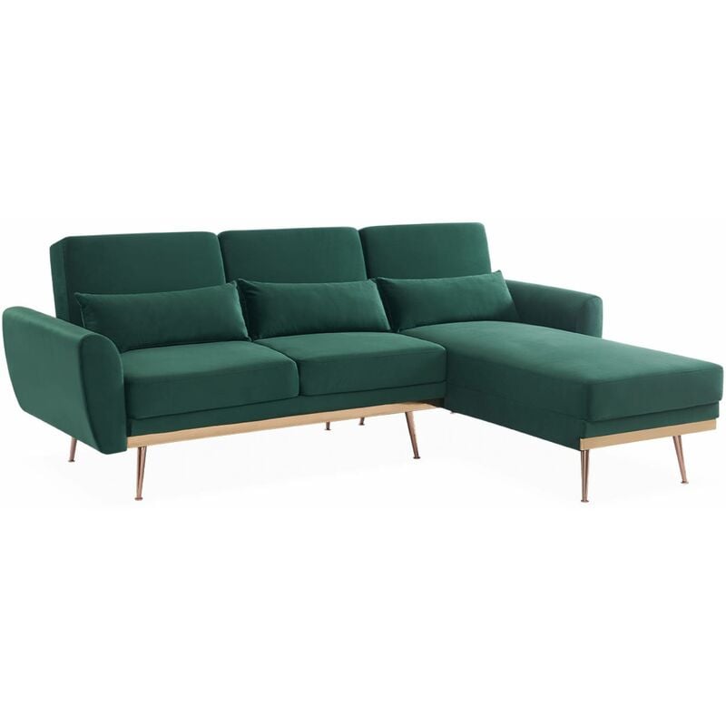 Sweeek - Canapé d'angle convertible. réversible 3 places. velours vert anglais. pieds fins or rose