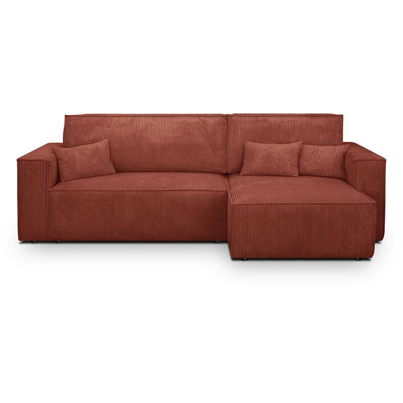 Homifab - Canapé d'angle convertible réversible 4 places avec coffre de rangement en velours côtelé rouille - Livia