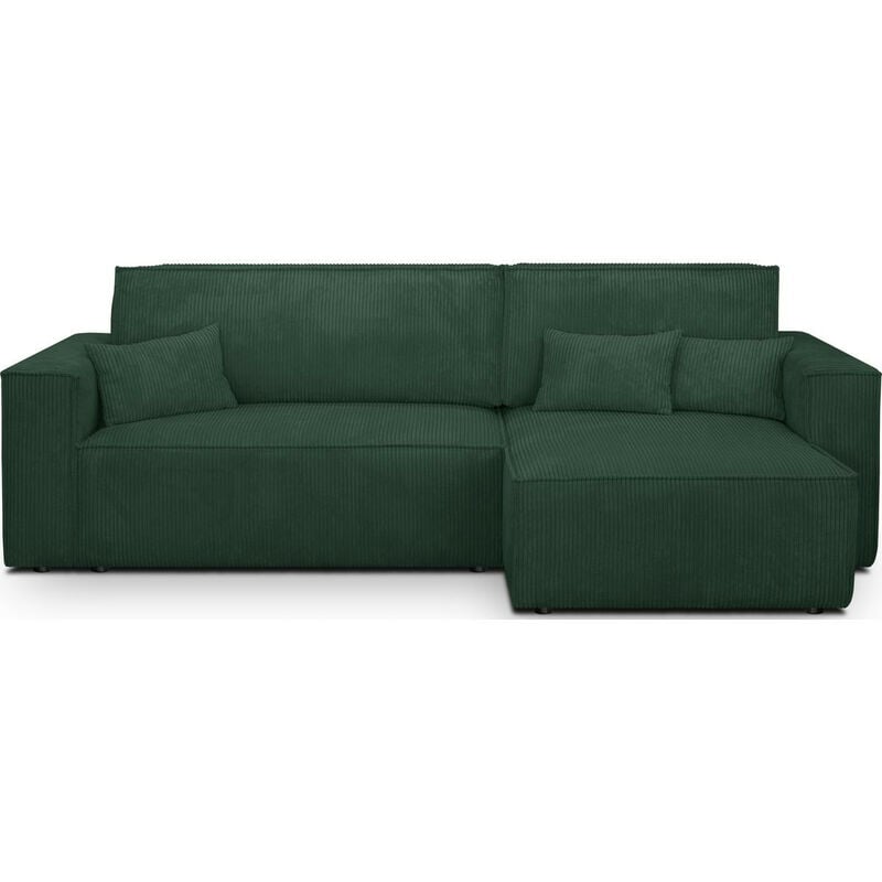 Canapé d'angle convertible réversible 4 places avec coffre de rangement en velours côtelé vert foncé - Livia