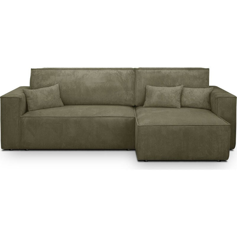 Homifab - Canapé d'angle convertible réversible 4 places avec coffre de rangement en velours côtelé vert kaki - Livia