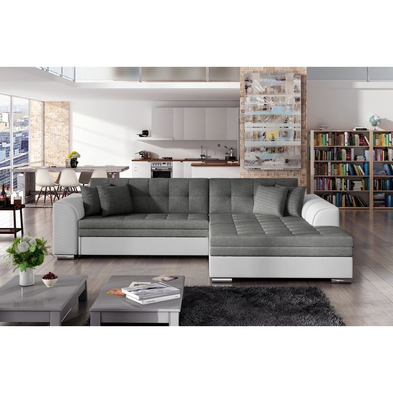 Canapé d'angle convertible, soho, en tissu gris foncé et simili blanc de qualité, 5 places, angle droit (vu de face) - Gris / Blanc