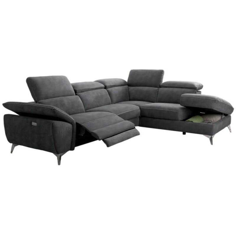 Les Tendances – Canapé d'angle relaxation électrique 273cm – Microfibre 100% polyester – Têtières réglables et coffre de rangement intégré – Gris