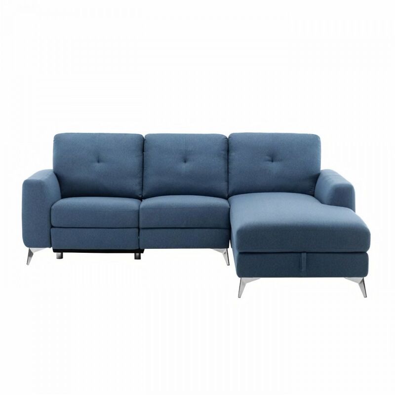 Canapé d'angle droit avec 1 place relax électrique + coffre - Tissu Bleu - L 260 x P 51 x H 90 cm - FRANKLIN