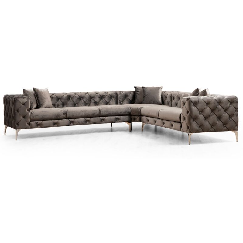 Canapé d'angle droit capitonné velours gris foncé et pieds chromés Herakles 270cm